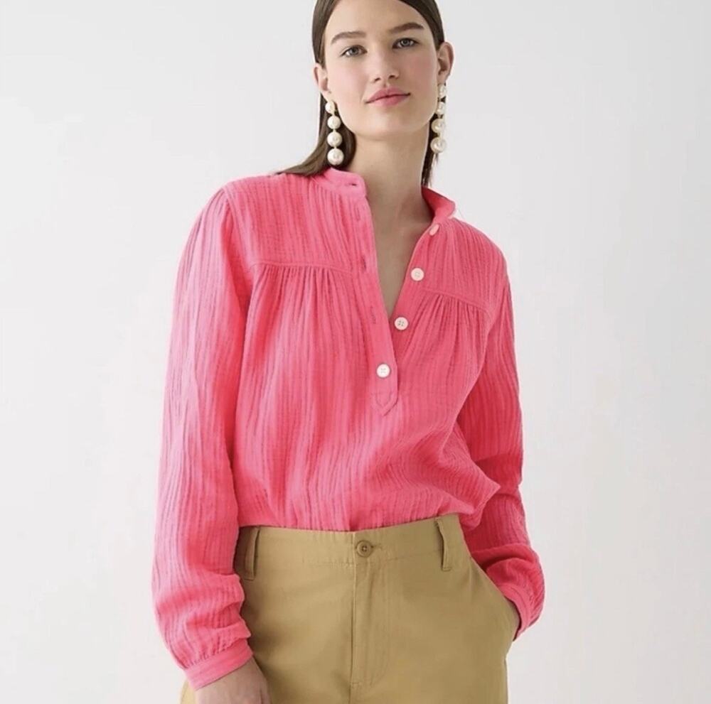 J. Crew Blouse Fresco Top Soft Gauze Long Sleeve Popover Pink Large Boho Peasant
